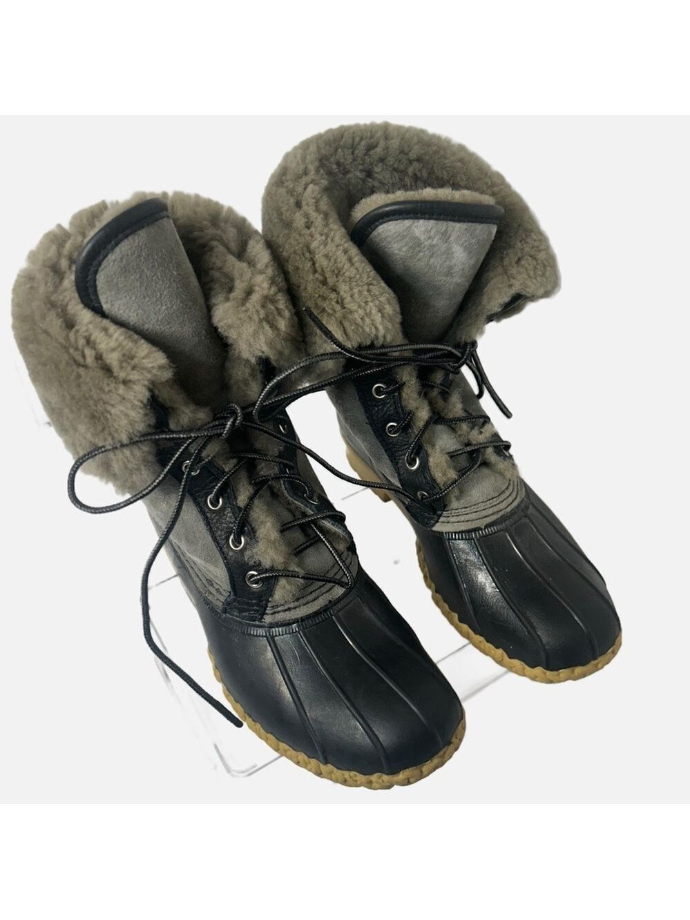 L.L.Bean Leather Wicked Good Shearling Lined Rubber Lace Up Snow Duck Rain Boots
